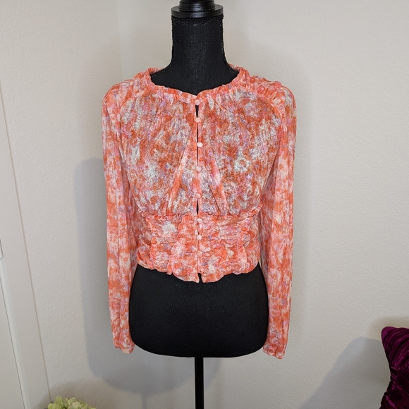 Anthropologie Long Sleeve Femme Ruched Cropped Top Pink / Salmon Size Small - Picture 5 of 9